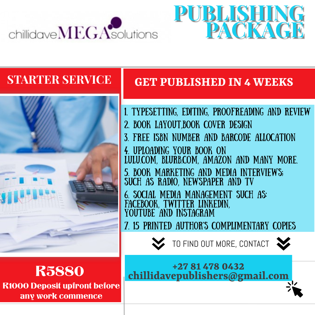 So you want to Publish your book and tell your story?  Chillidave Publishers offers the following  1. Typesetting, Editing, Proofreading and Review 2. Book Layout 3. Book Cover Design 4. Free ISBN Number And Barcode Allocation 5. Uploading Your Book On Lulu, Blurb, Amazon And Many More for your book to sell international both online and offline book shops. 6. 10-15 Author's complimentary printed copies 7. Book Marketing And Media Interviews: Such As Radio, Newspaper And Tv 8. Social media Manage